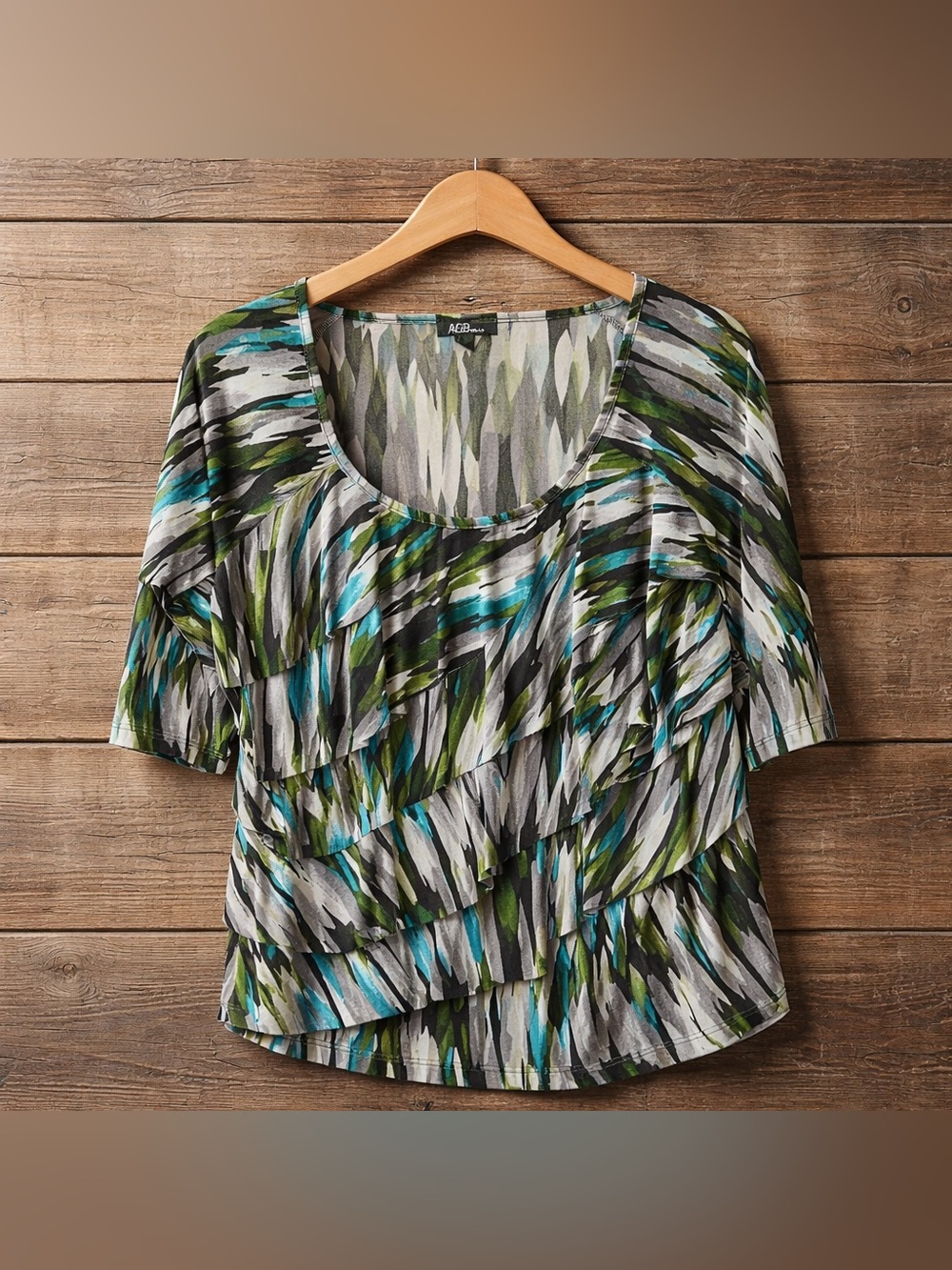 AGB Women's Multi-Colored Geometric Print Multi-Layered Blouse in size 1X